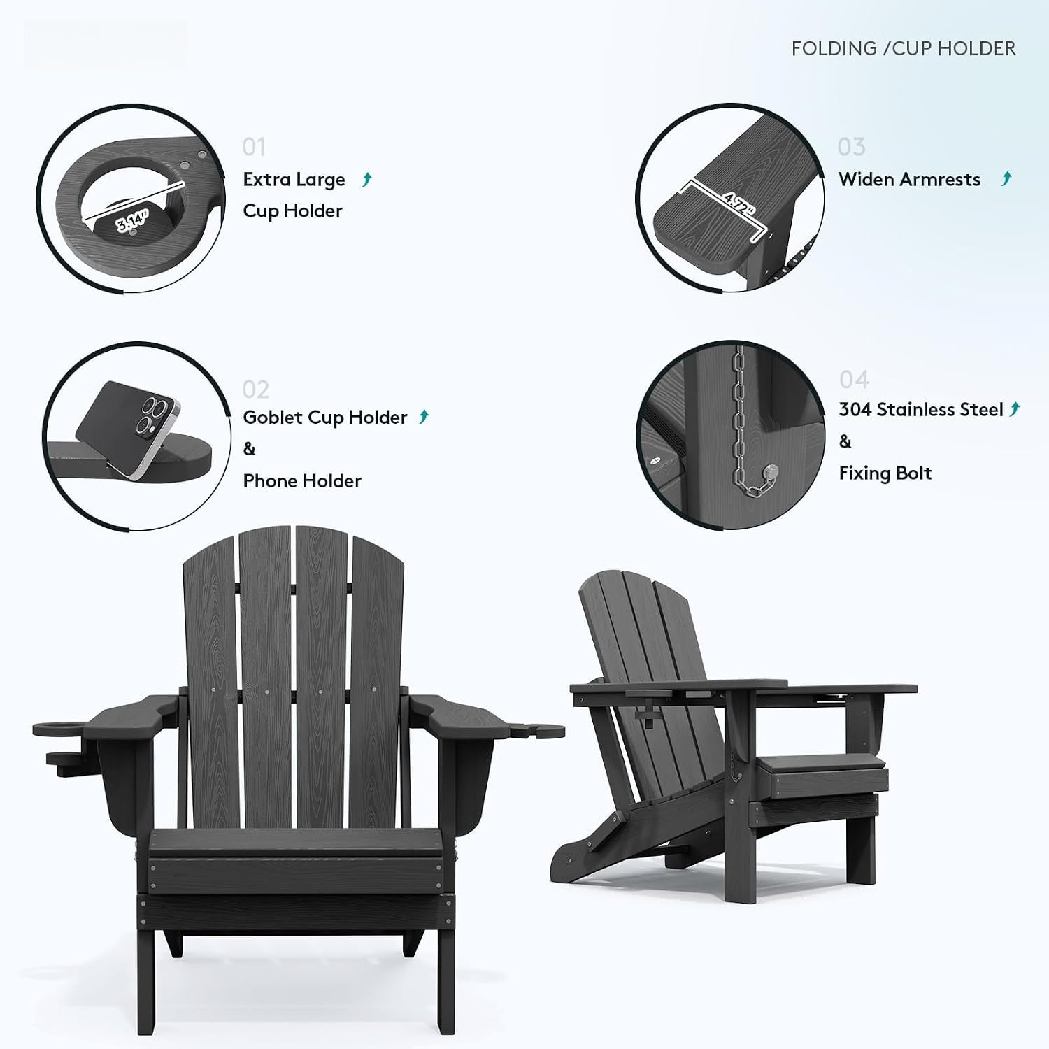 2-Pack Foldable Adirondack Chairs, Grey