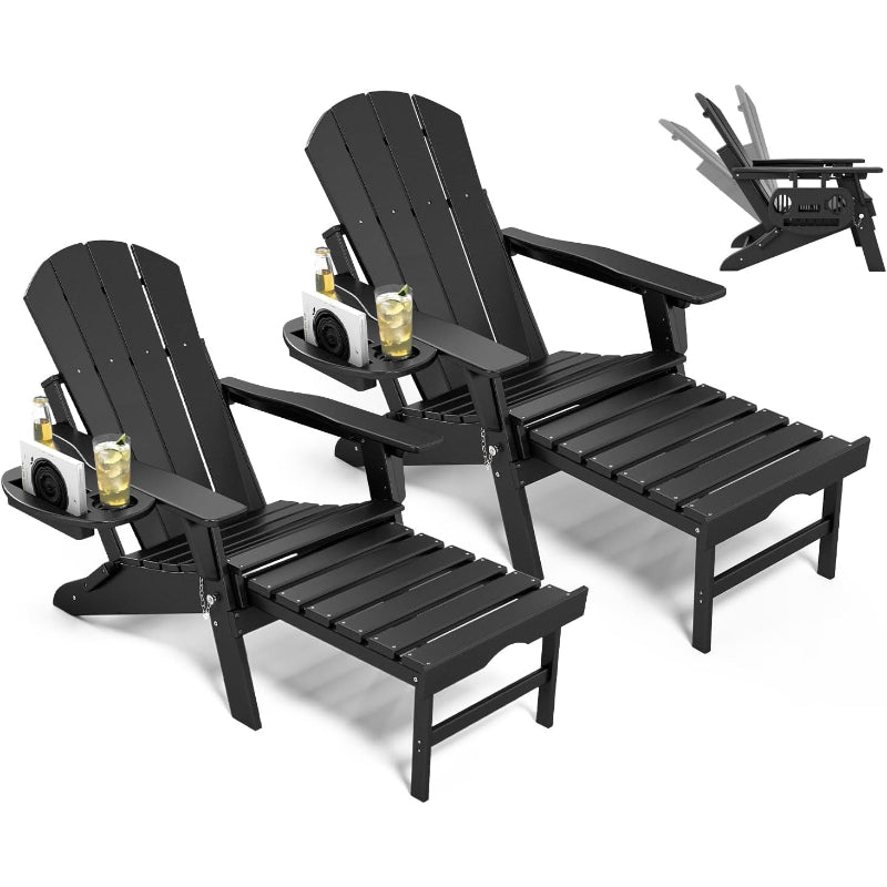 2-Pack Adjustable Adirondack Chairs with Ottoman, Black