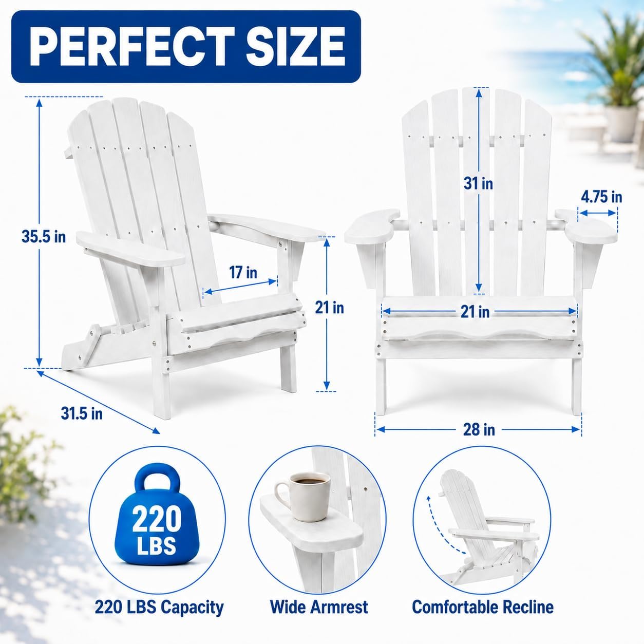 2-Pack Hemlock Wood Folding Adirondack Chairs, White