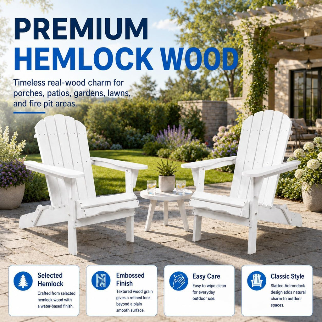 2-Pack Hemlock Wood Folding Adirondack Chairs, White