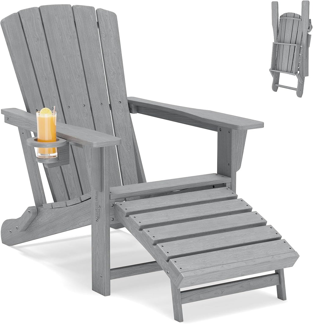 HDPE Folding Adirondack Chair with Ottoman, Grey