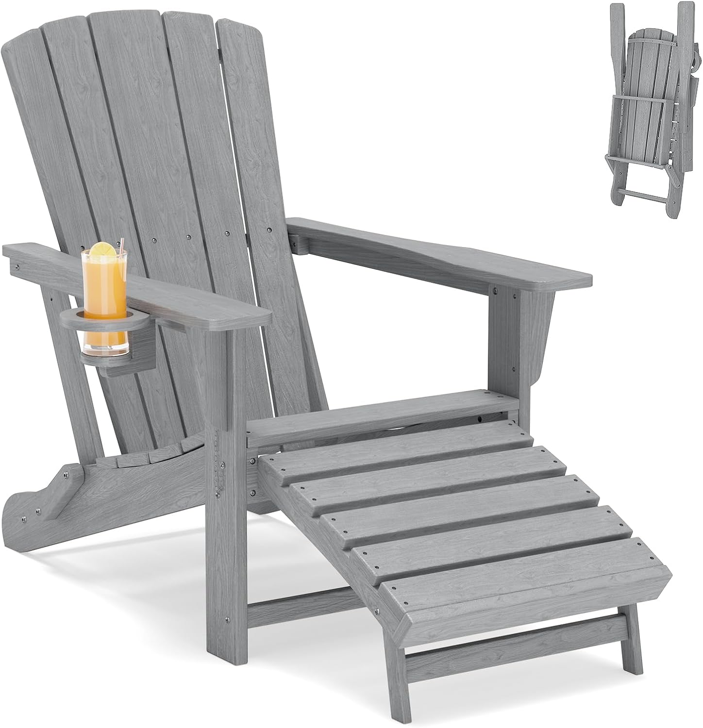 HDPE Folding Adirondack Chair with Ottoman, Grey