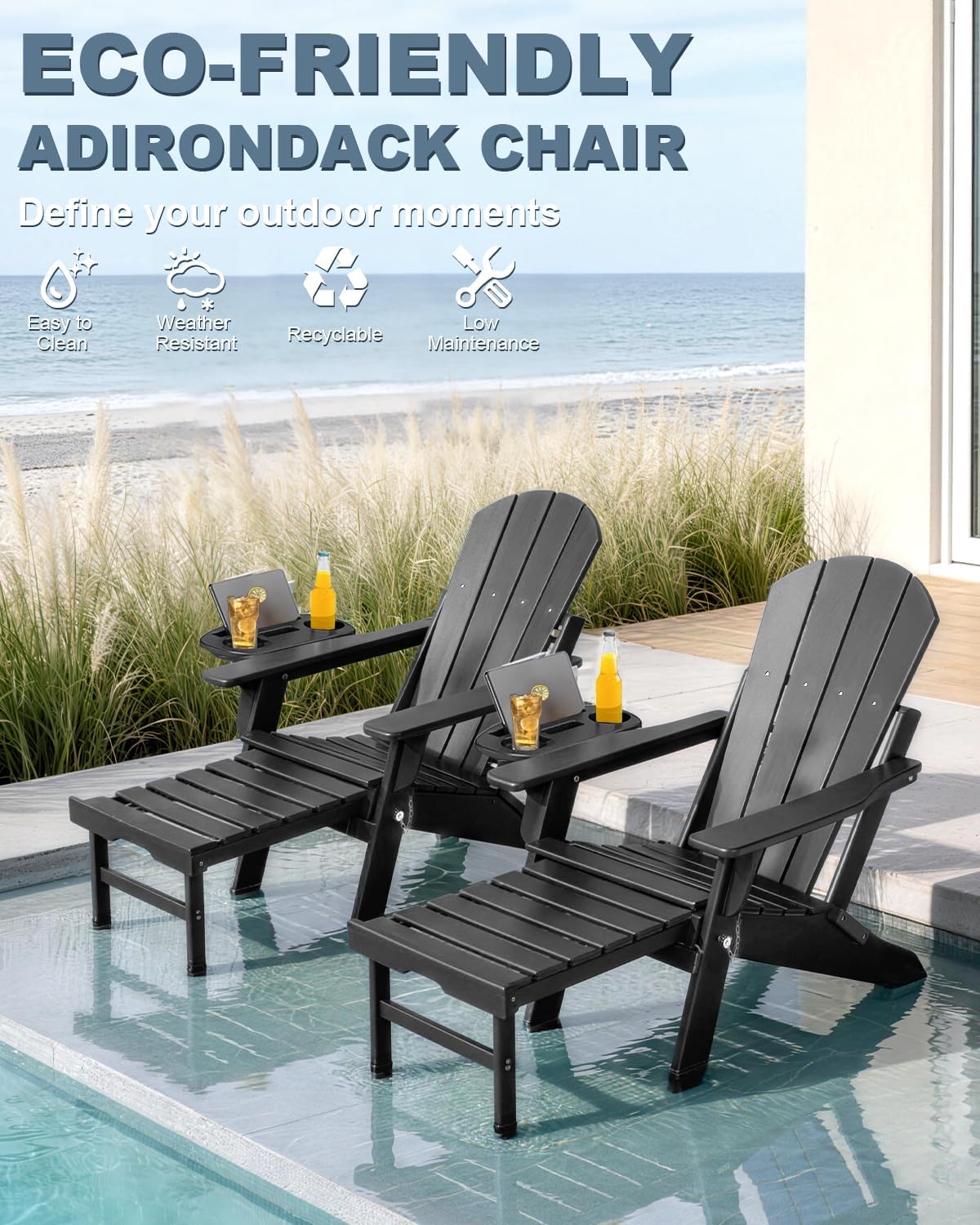 2-Pack Adjustable Adirondack Chairs with Ottoman, Black