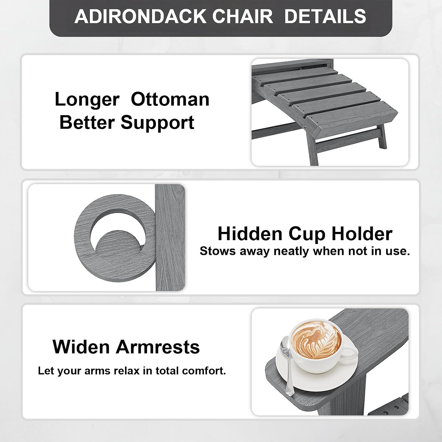 HDPE Folding Adirondack Chair with Ottoman, Grey