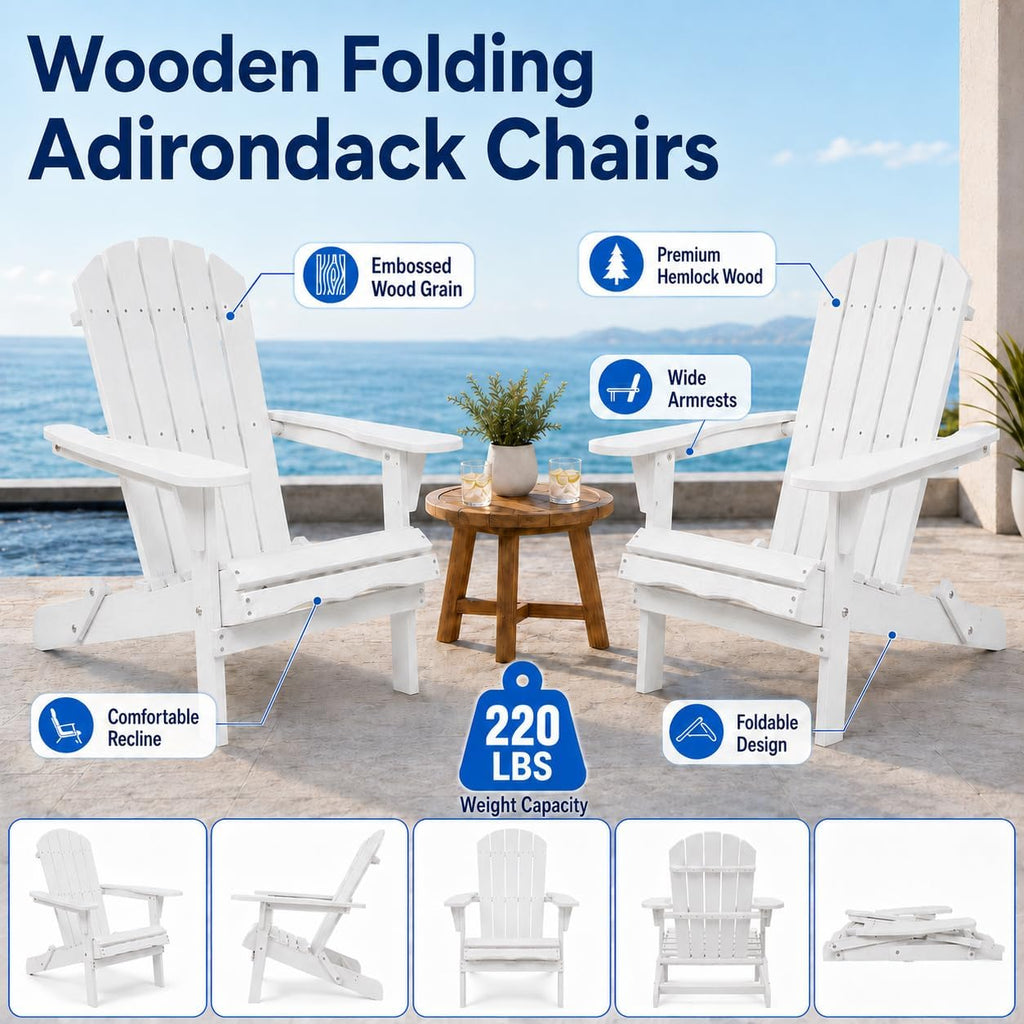 2-Pack Hemlock Wood Folding Adirondack Chairs, White