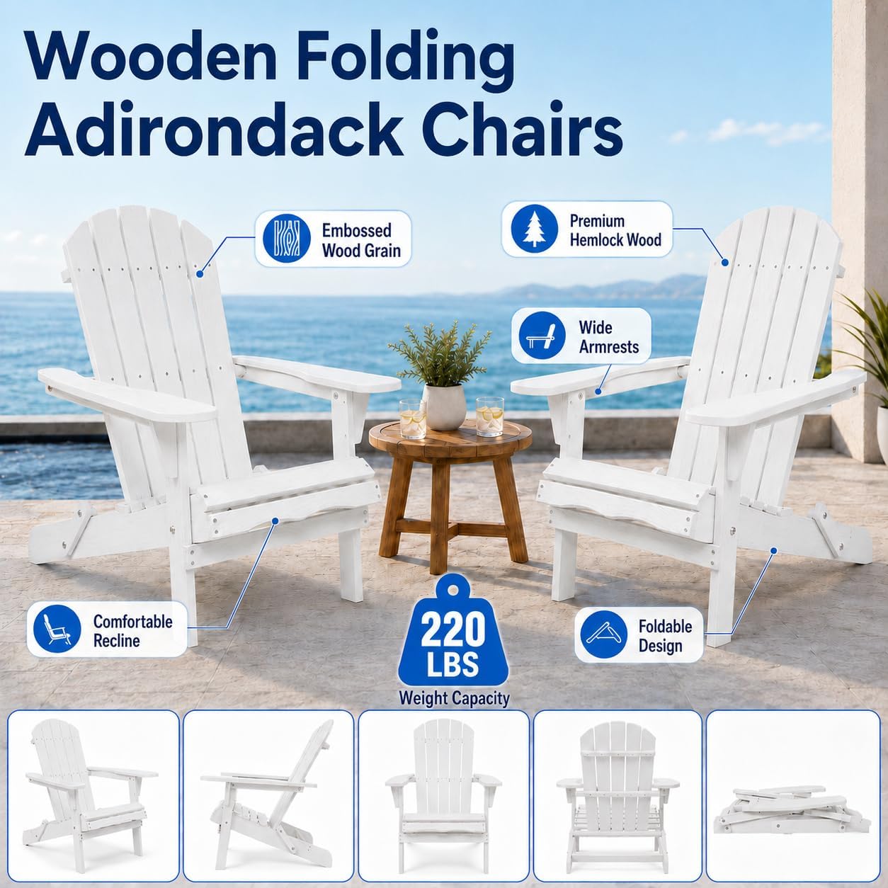 2-Pack Hemlock Wood Folding Adirondack Chairs, White