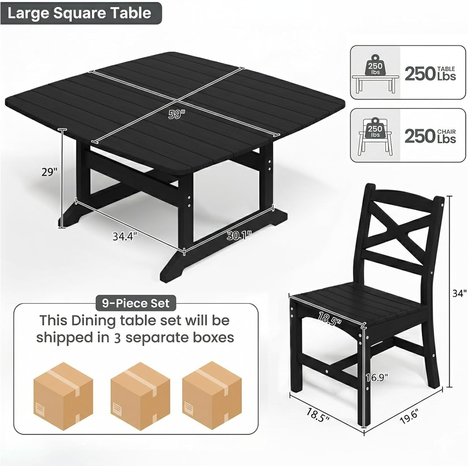 9-Piece HDPE Patio Dining Set, Black