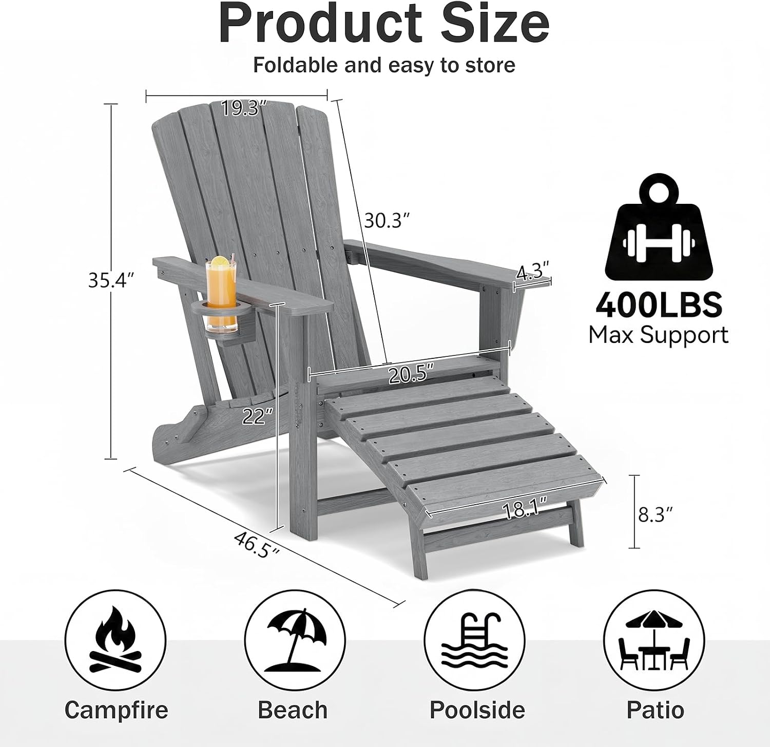 HDPE Folding Adirondack Chair with Ottoman, Grey