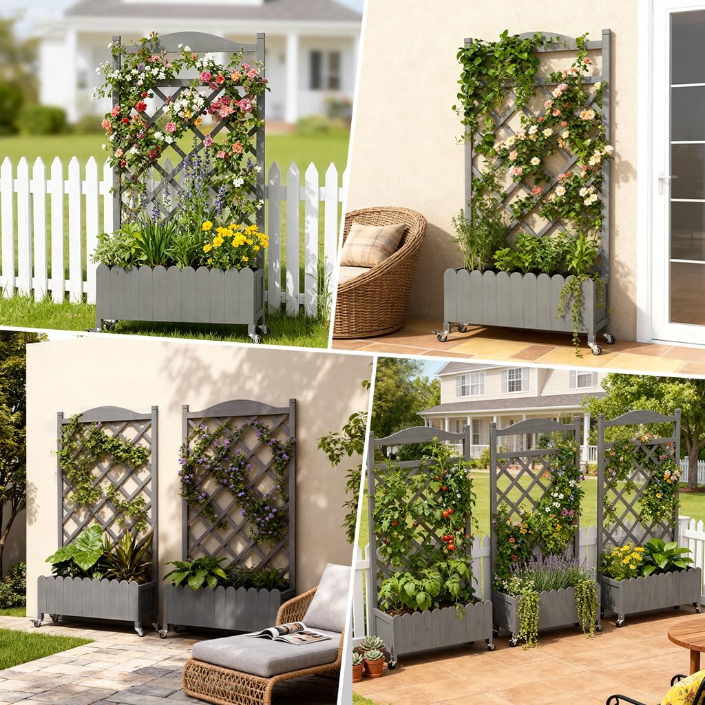 2 Pack 48" Raised Garden Bed with Trellis & Wheels