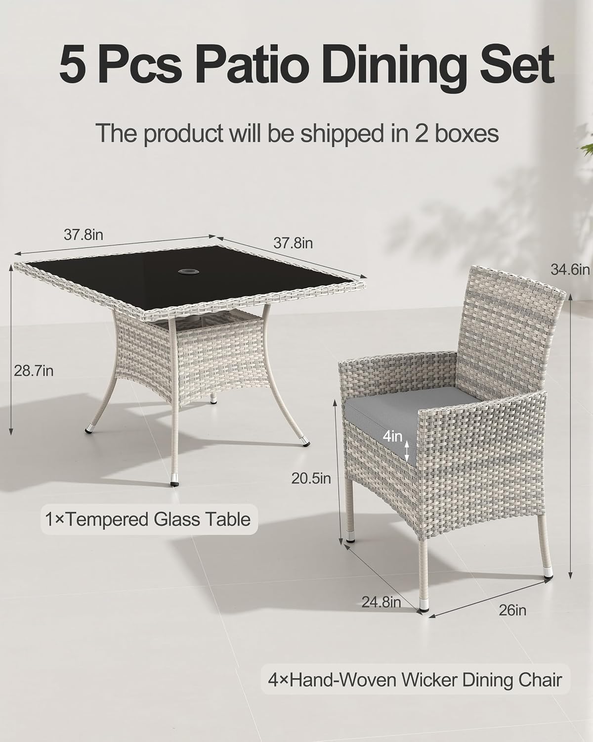 5-Piece Wicker Patio Dining Set with Glass Table