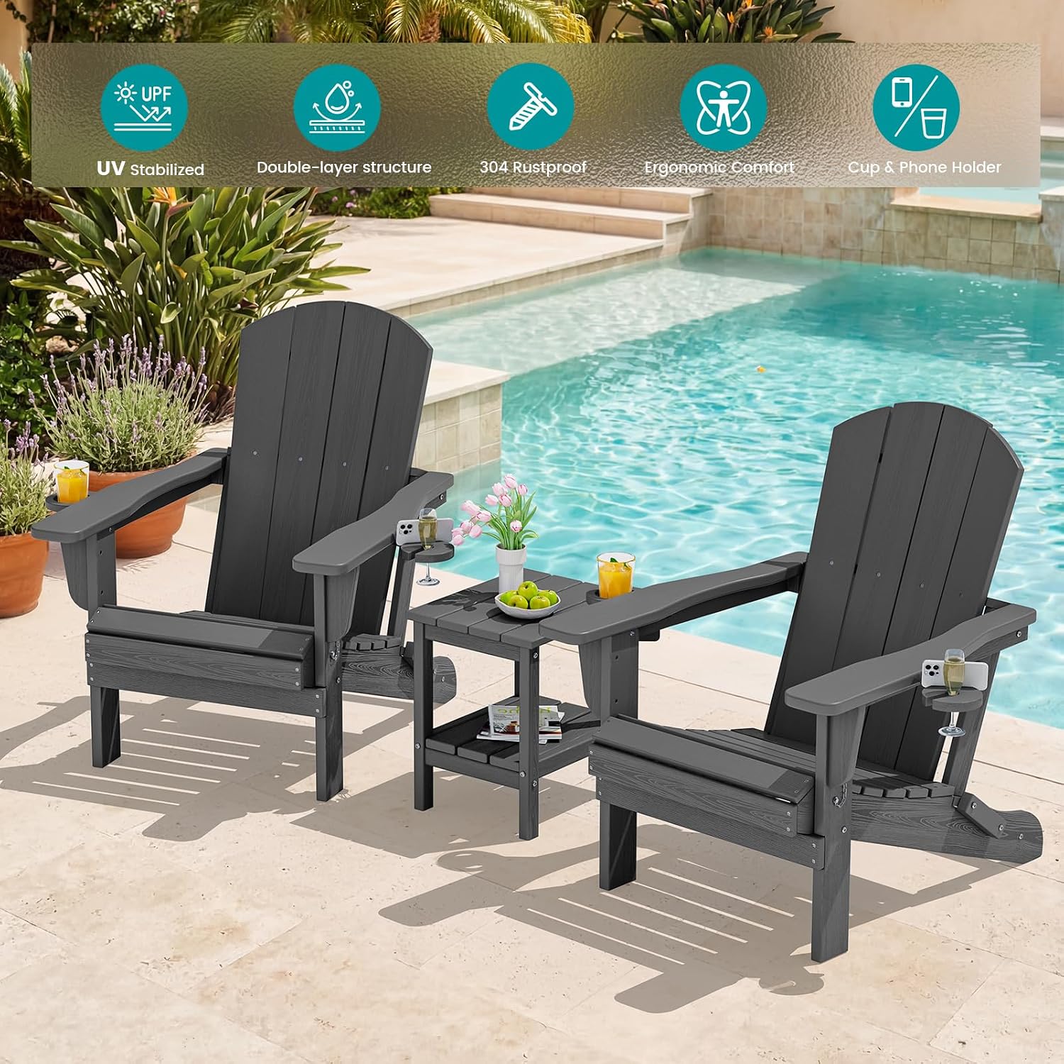 2-Pack Foldable Adirondack Chairs, Grey