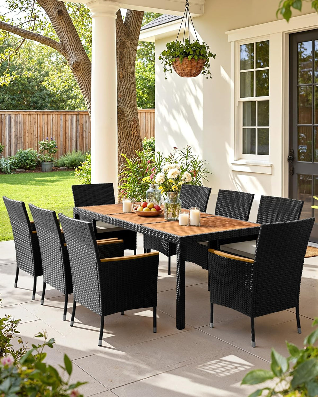 8-Person Acacia Patio Dining Set, Black