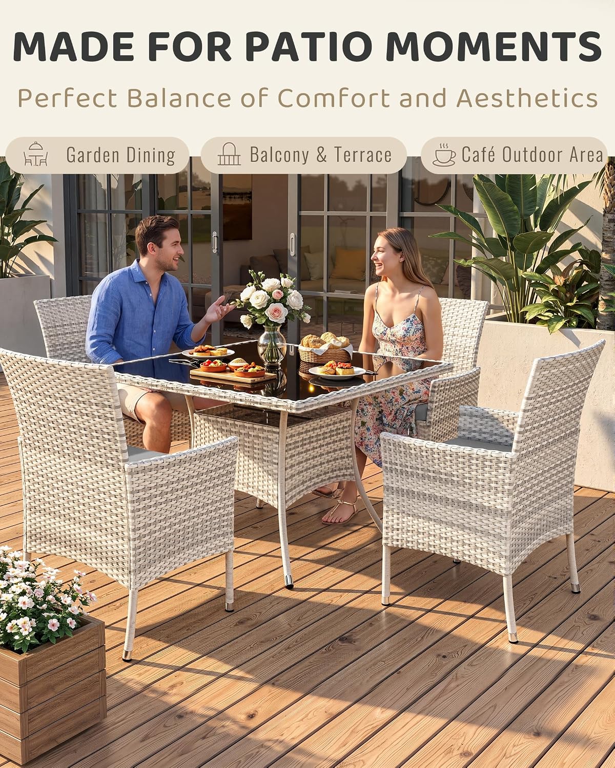 5-Piece Wicker Patio Dining Set with Glass Table