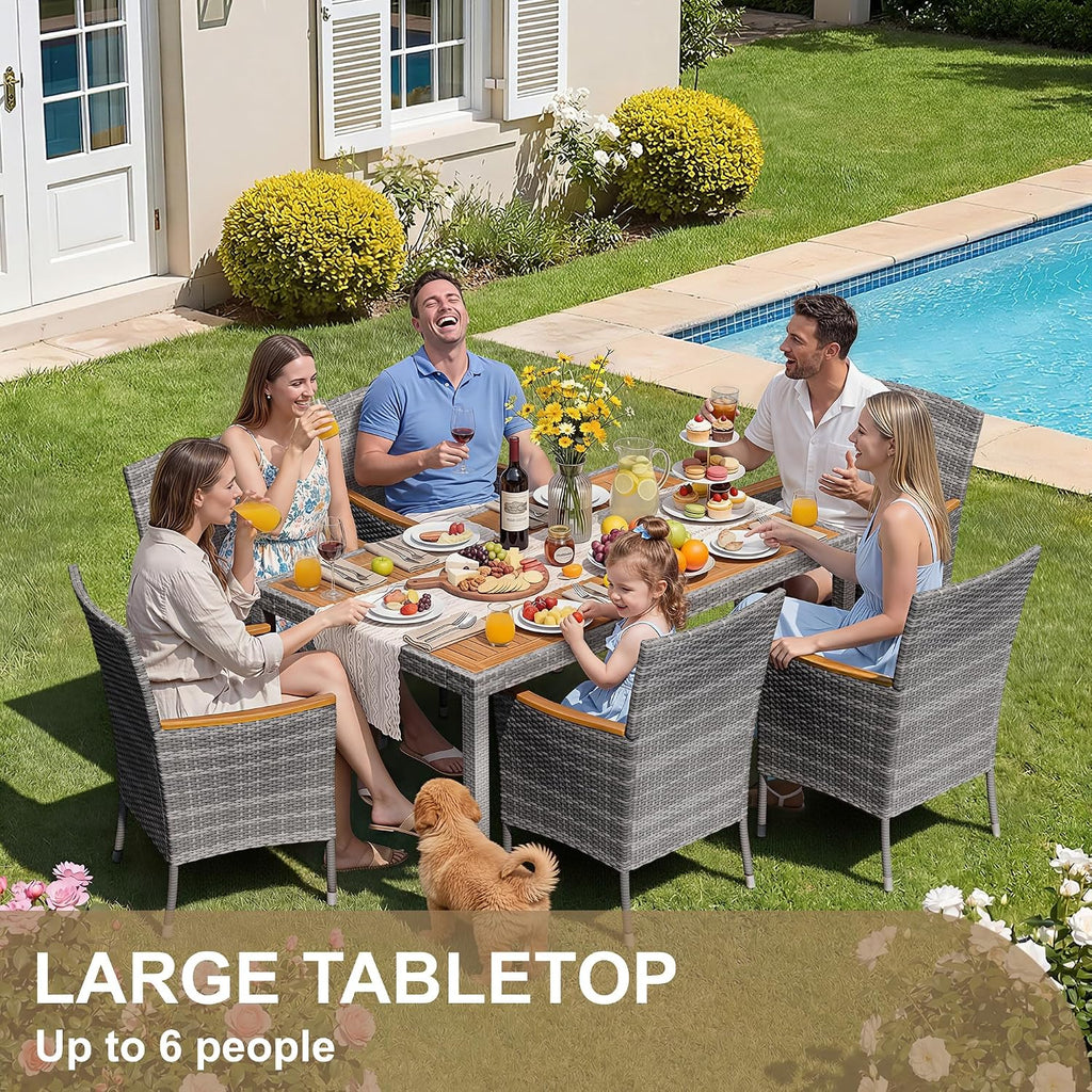 7-Piece Acacia Patio Dining Set, Gray Rattan