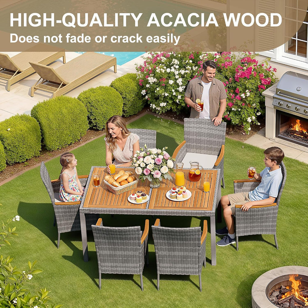 7-Piece Acacia Patio Dining Set, Gray Rattan