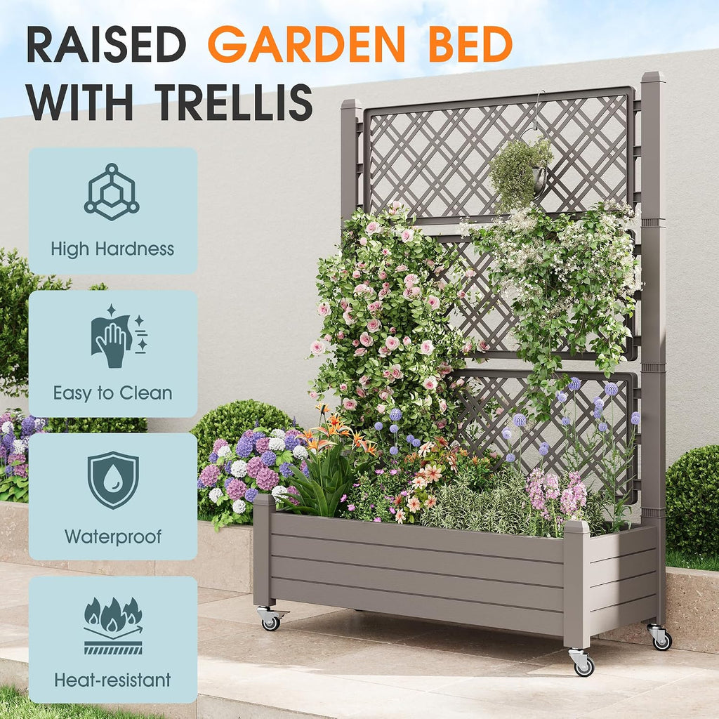 Garden Bed with Trellis & Wheels, 61.2" H