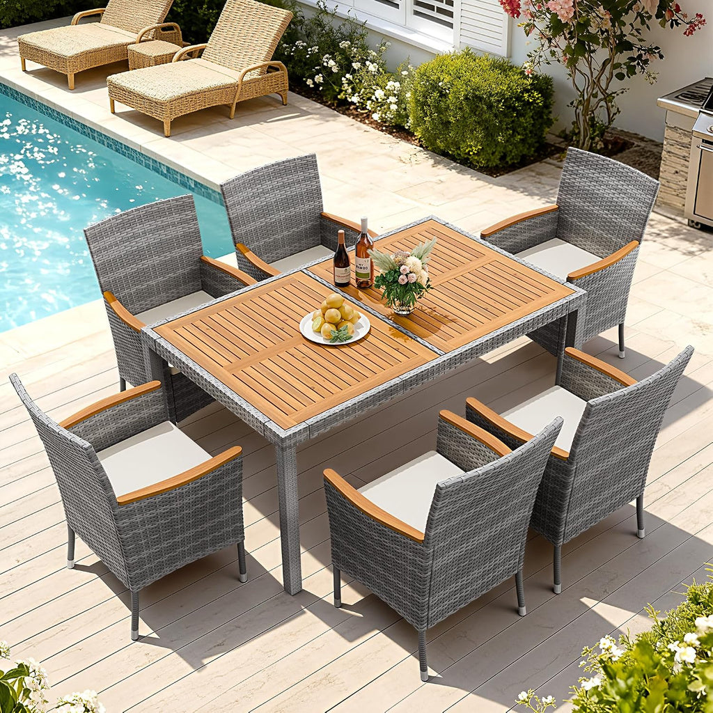 7-Piece Acacia Patio Dining Set, Gray Rattan
