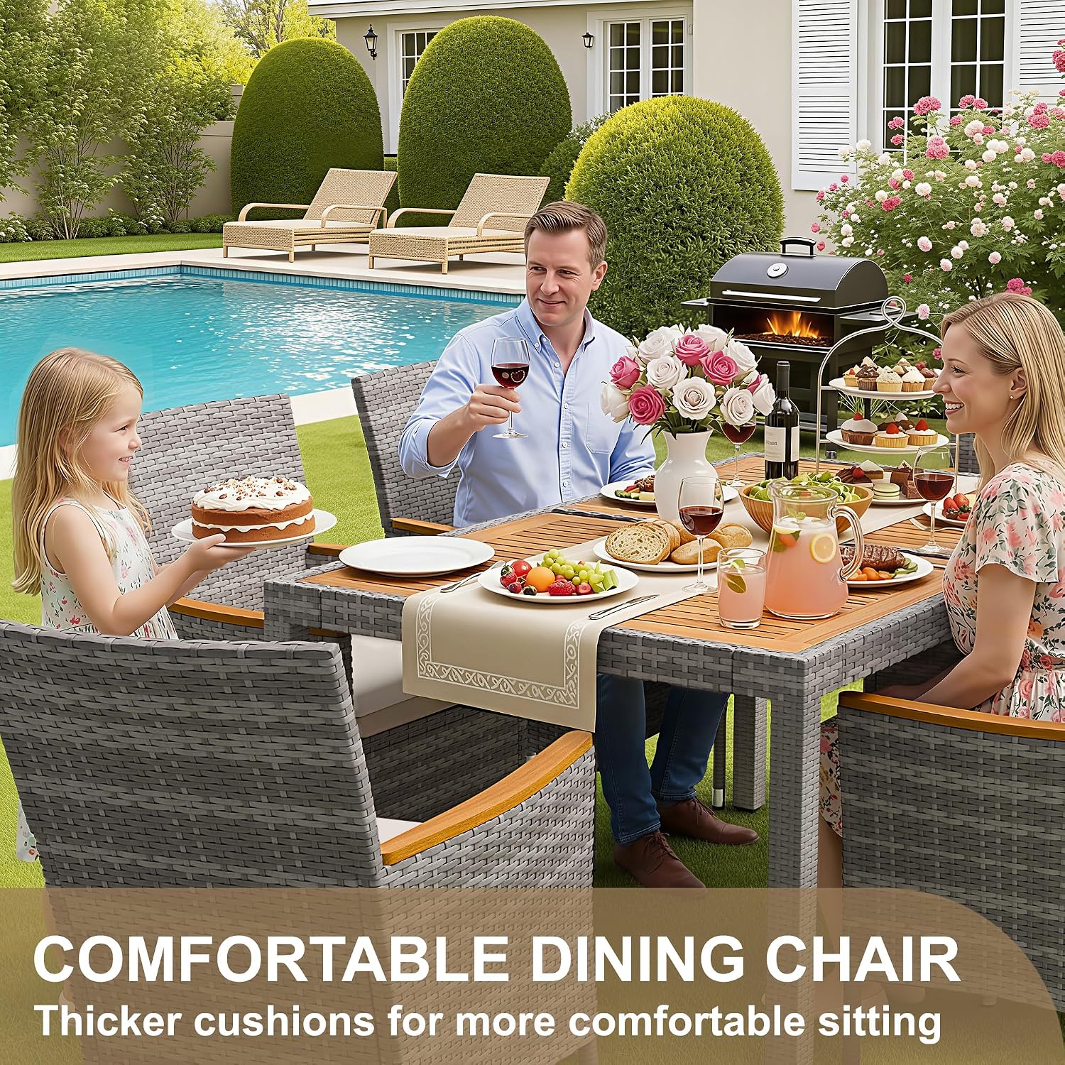 7-Piece Acacia Patio Dining Set, Gray Rattan