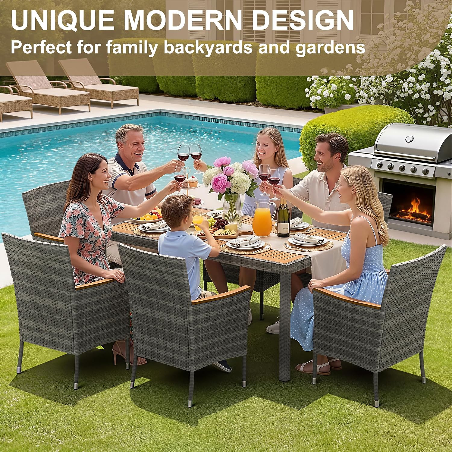 7-Piece Acacia Patio Dining Set, Gray Rattan